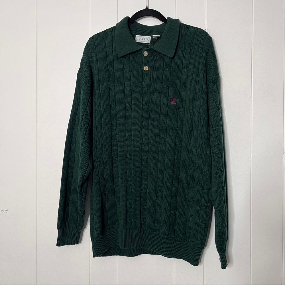 Izod Vintage 90s Cotton Cable Knit Sweater Forest Green Crest Collar Large